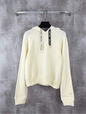 Authentic Celine Ivory Knit Hoodie with Branded Black Drawstrings